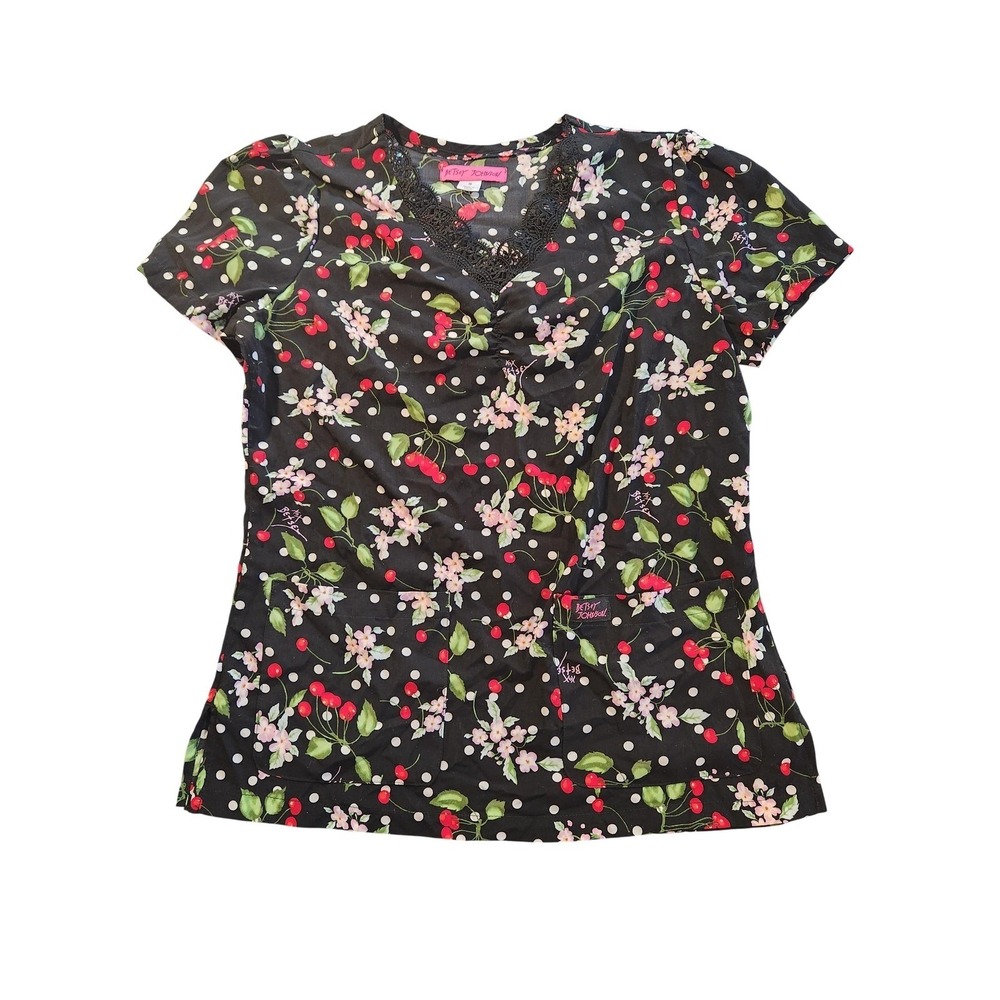 Betsey Johnson Shirt Womens Small Black Cherry Floral Polka Dot V Neck Tunic Top